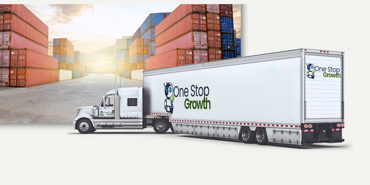 One Stop Growth branded semi-truck with shipping containers in the background at sunset, showcasing our professional freight hauling and logistics services