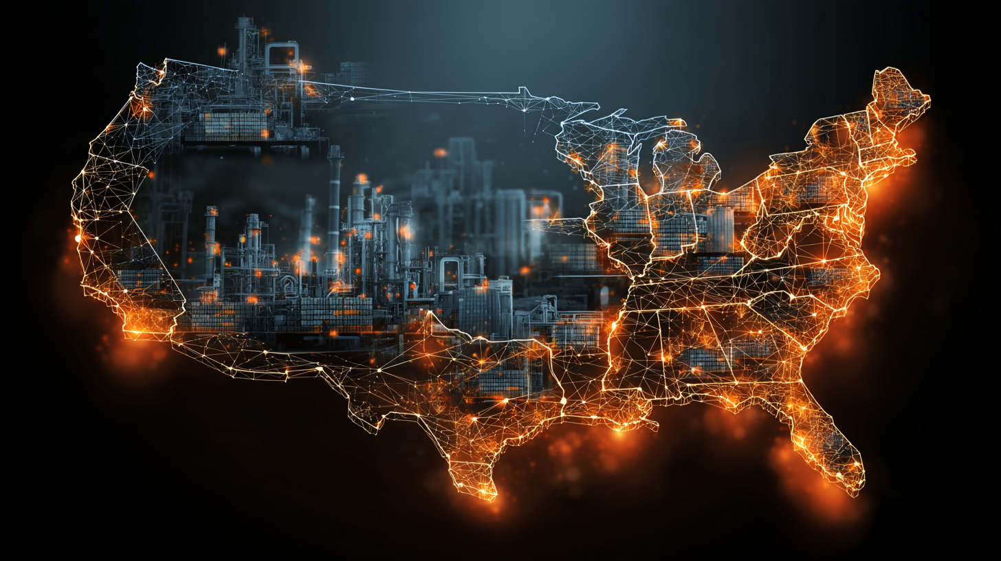Digital US map with glowing network connections and industrial infrastructure visualization